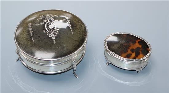 Two George V silver and tortoiseshell mounted trinket boxes, the largest by Mappin & Webb, Birmingham, 1918, 13.1cm.